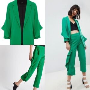 River Island 2Pc set Emerald Green Ruffle Trousers & blazer bloggers favorite